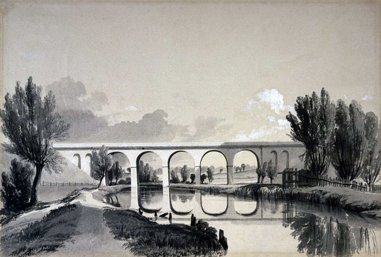 Colne Viaduct, Watford, Hertfordshire, 5 czerwca 1837 (pióro i atrament oraz pranie na papierze) autorstwa John Cooke Bourne