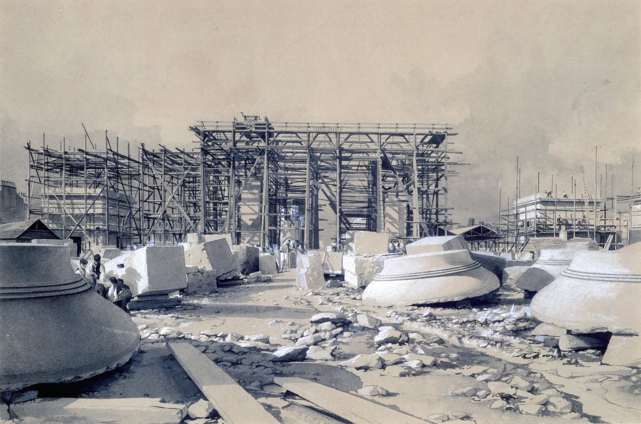Budowa łuku Euston, październik 1837 (pióro i atrament oraz pranie na papierze) autorstwa John Cooke Bourne
