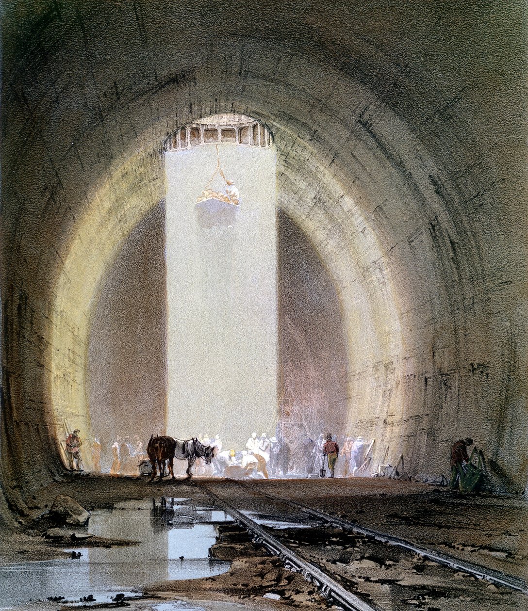 Budowa tunelu Kilsby na linii kolejowej London & Birmingham, 8 lipca 1839 r autorstwa John Cooke Bourne