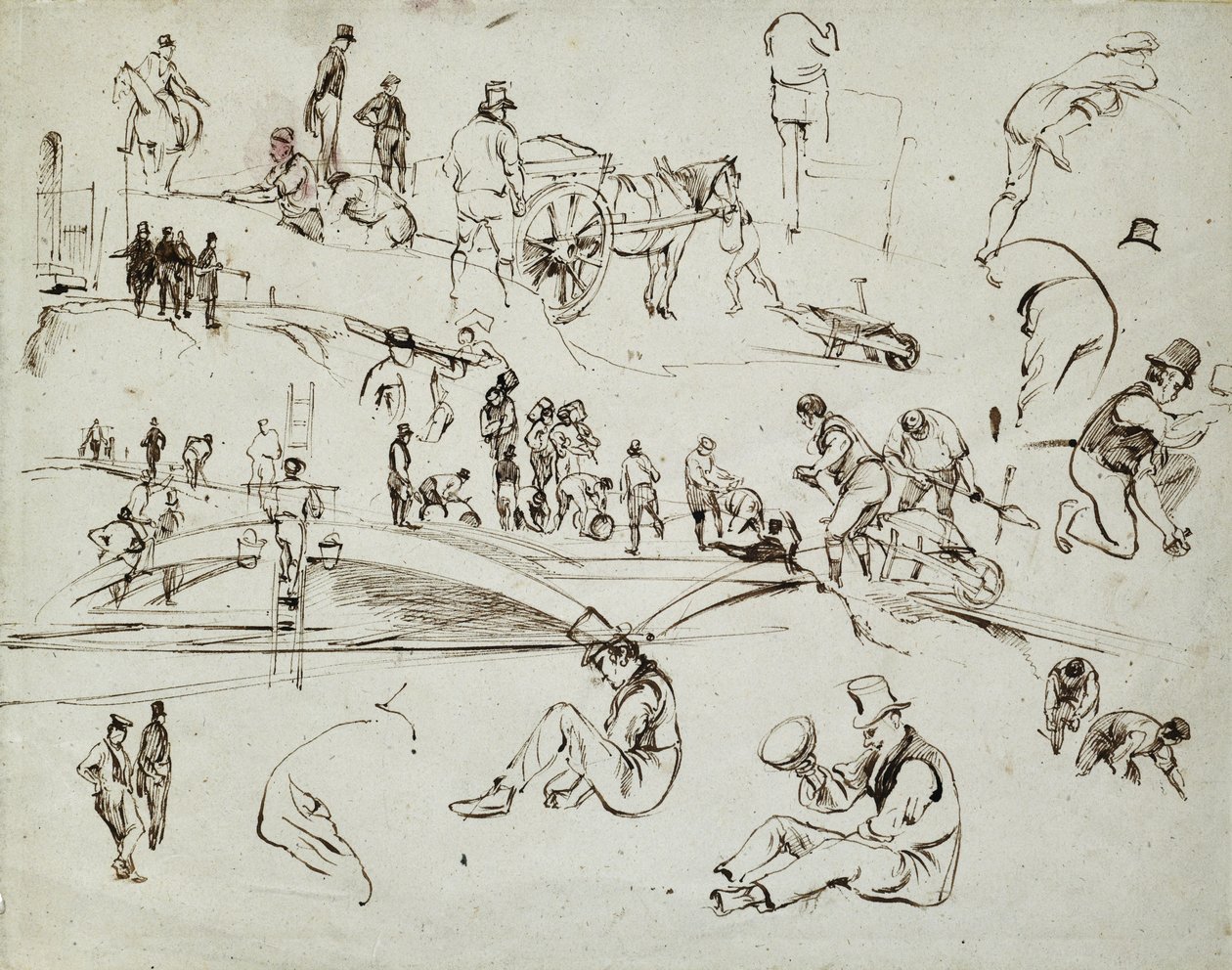 Budowa kolei londyńskiej i Birmingham, ok. 1835 r. (brązowy tusz na papierze; szkic złożony) autorstwa John Cooke Bourne
