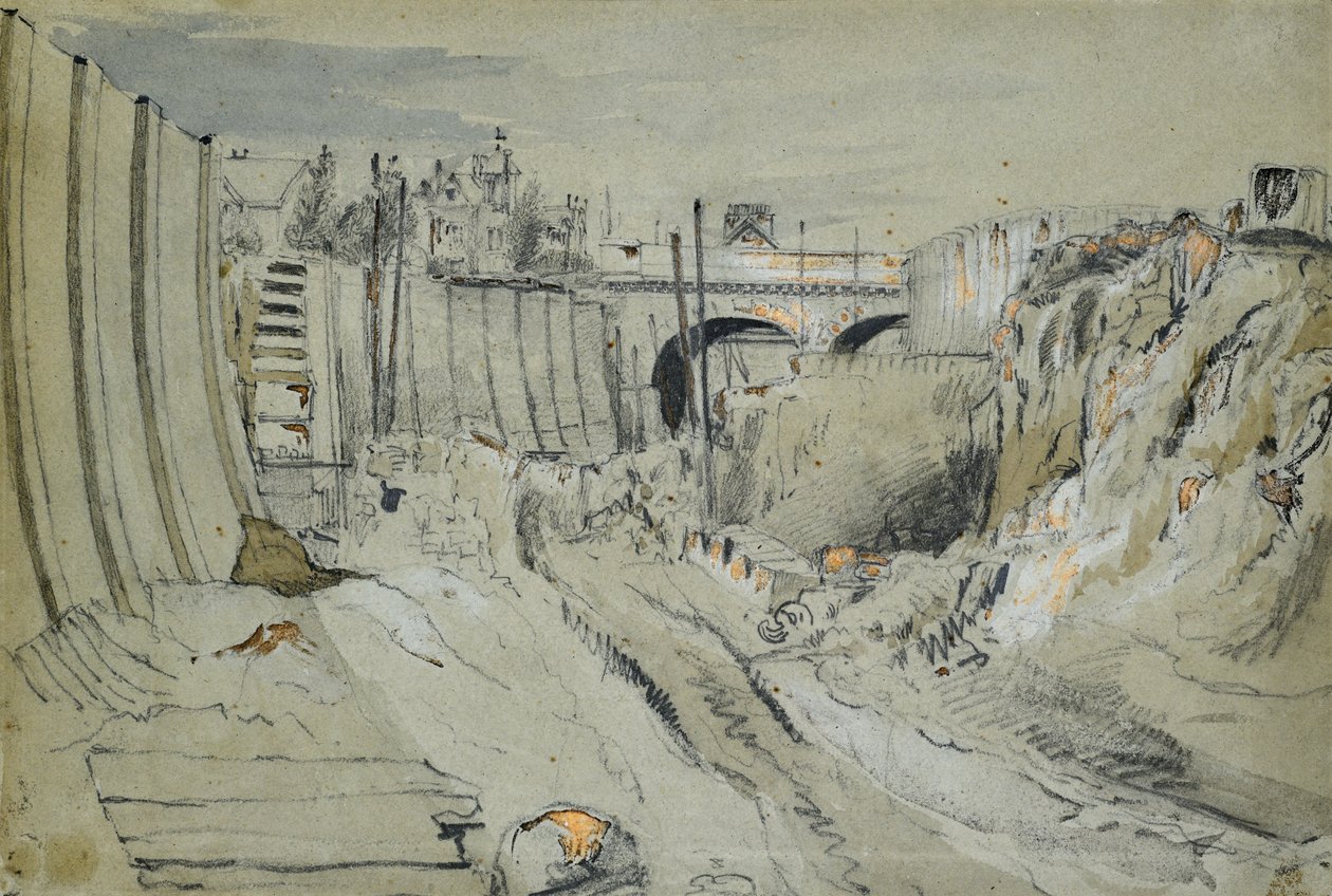 Budowa kolei londyńskiej i Birmingham, ok. 1835 r. (ołówek i pranie na papierze) autorstwa John Cooke Bourne