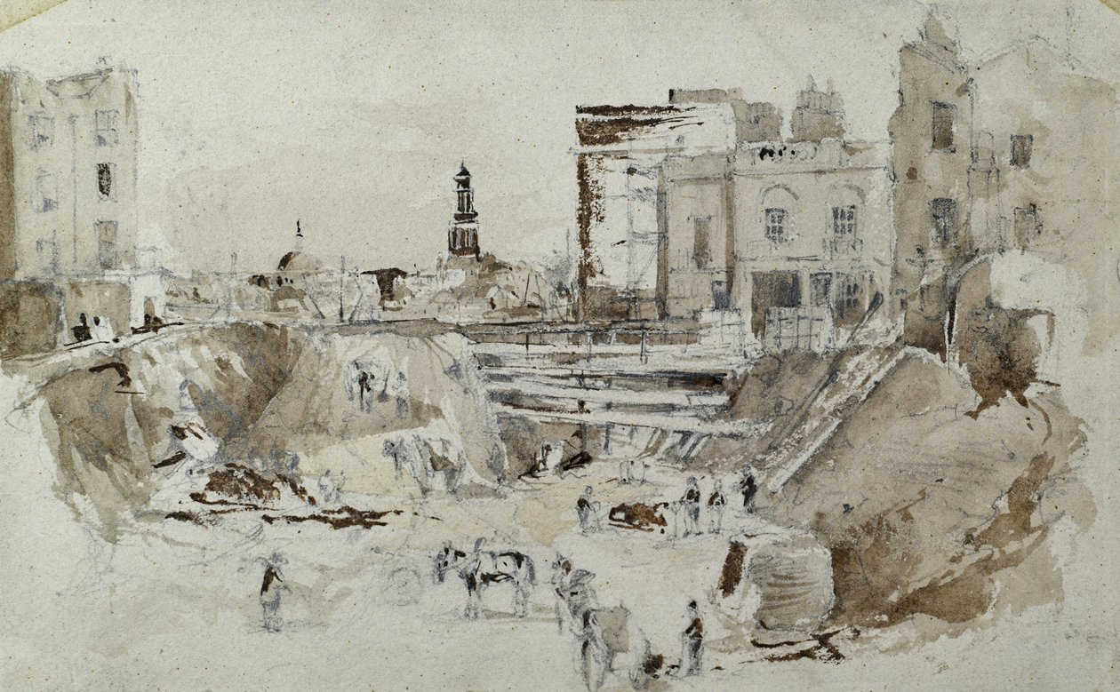 Budowa kolei londyńskiej i Birmingham, ok. 1835 r. (ołówek zamazany na papierze) autorstwa John Cooke Bourne