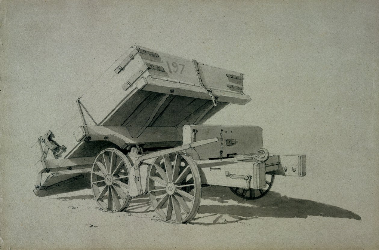 Wagon z wywrotką wykonawców, nr 3, lata 30. XIX wieku (pióro i atrament oraz pranie na papierze) autorstwa John Cooke Bourne