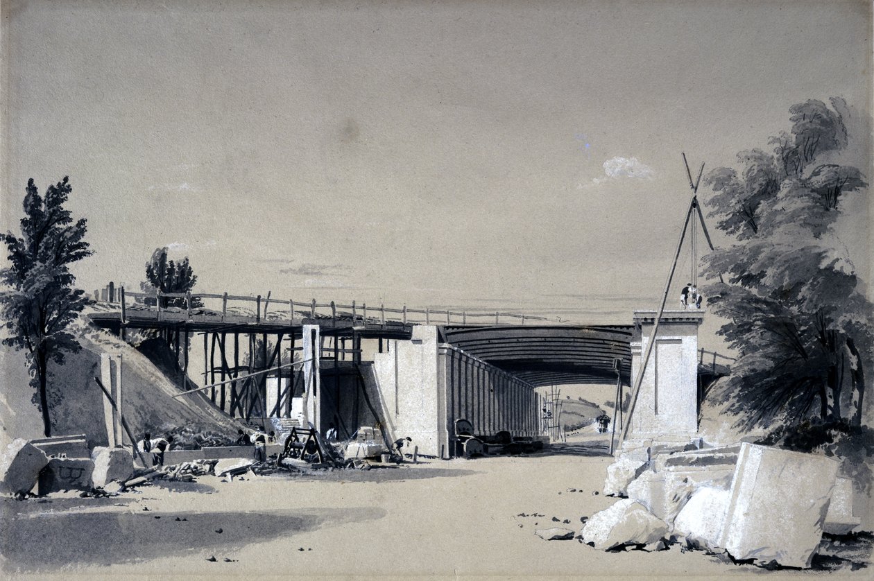 Denbigh Hall Bridge from the Road, 25 czerwca 1837 (pióro i atrament i pranie na papierze) autorstwa John Cooke Bourne