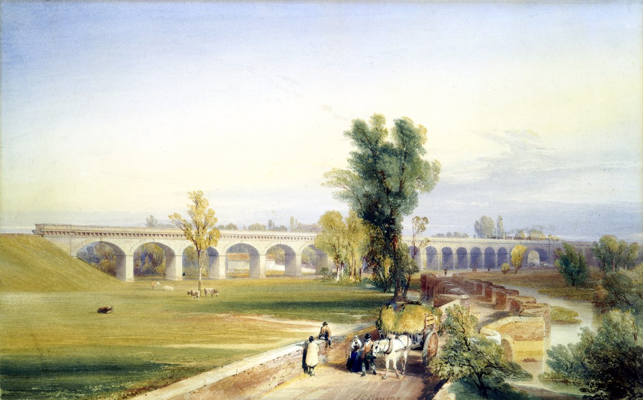 Dutch River Bridge, Hull and Doncaster Branch, North Eastern Railway, 1847 (pióro i atrament oraz toaleta na papierze) autorstwa John Cooke Bourne