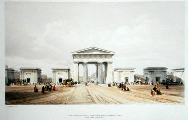 Portyk wejściowy, stacja Euston Grove, z „Rysunków kolei londyńskiej i Birmingham” Johna Brittona, opublikowana w 1838 r. (kolor lito) autorstwa John Cooke Bourne
