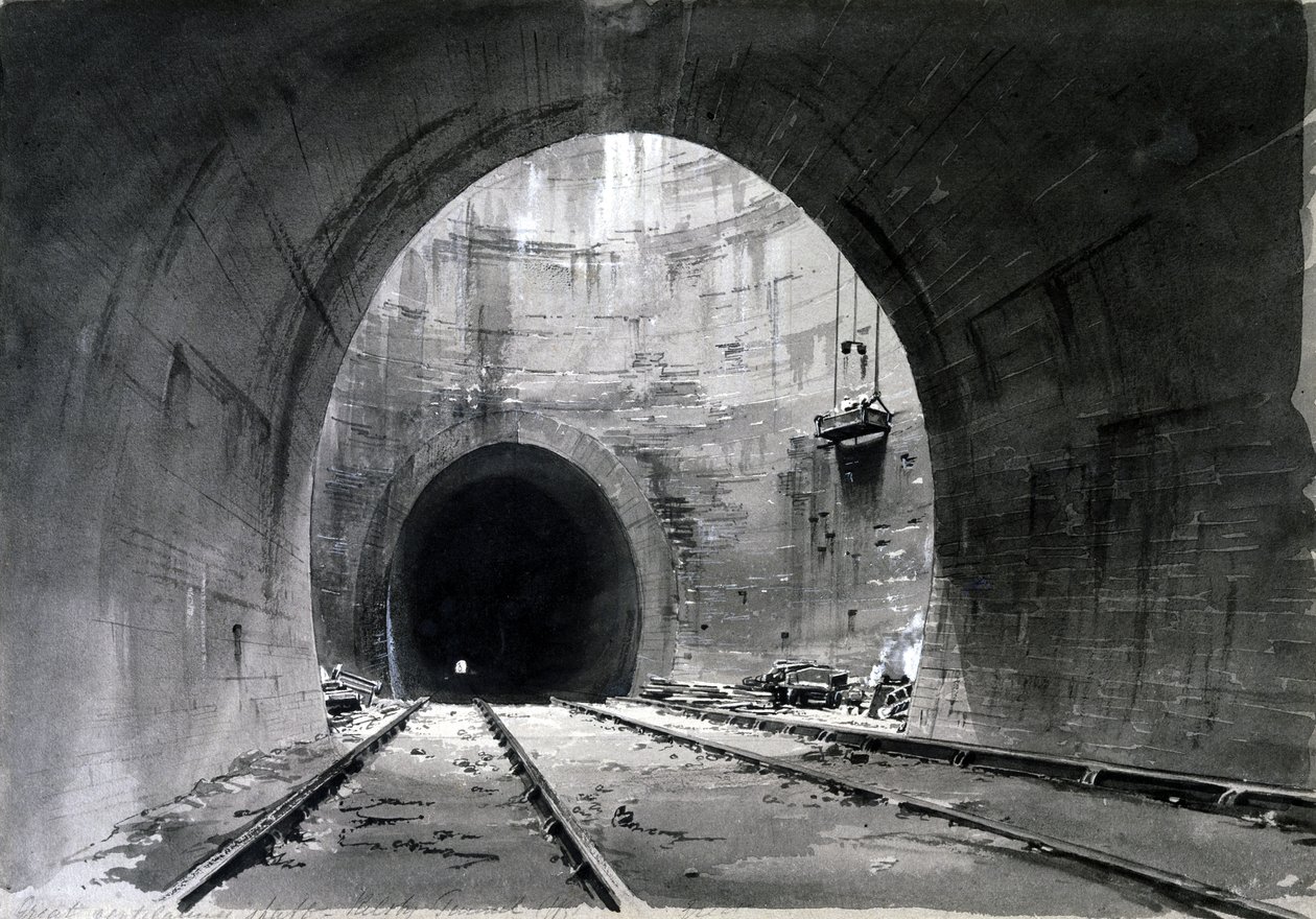 Świetny szyb wentylacyjny, Kilsby Tunnel, Northamptonshire, 1837-38 (pióro i atrament oraz pranie na papierze) autorstwa John Cooke Bourne