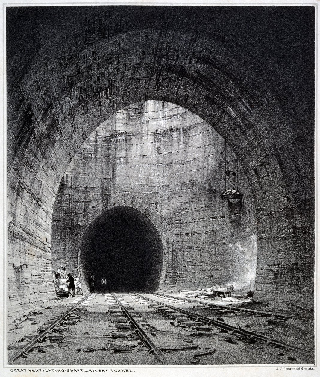 Świetny szyb wentylacyjny, Kilsby Tunnel, Northamptonshire, 1838 (pióro i atrament oraz pranie na papierze) autorstwa John Cooke Bourne
