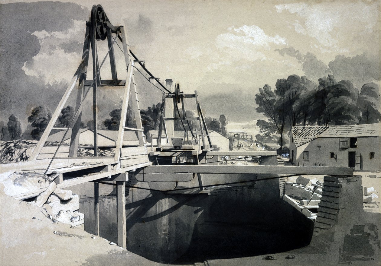 Świetny szyb wentylacyjny i nakrycie głowy, tunel Kilsby, 15 lipca 1837 (pióro i atrament oraz pranie na papierze) autorstwa John Cooke Bourne