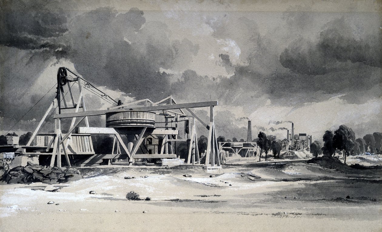 Nakrycia głowy i pompy w Kilsby Tunnel, Northamptonshire, 16 lipca 1837 (pióro i atrament oraz pranie na papierze) autorstwa John Cooke Bourne