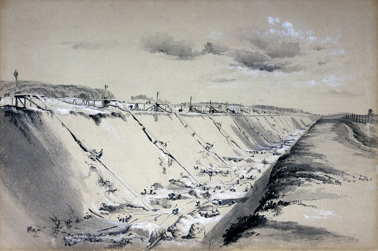 Wybiegi konne w Tring Cutting, Hertfordshire, 19 czerwca 1837 (pióro i atrament oraz pranie na papierze) autorstwa John Cooke Bourne