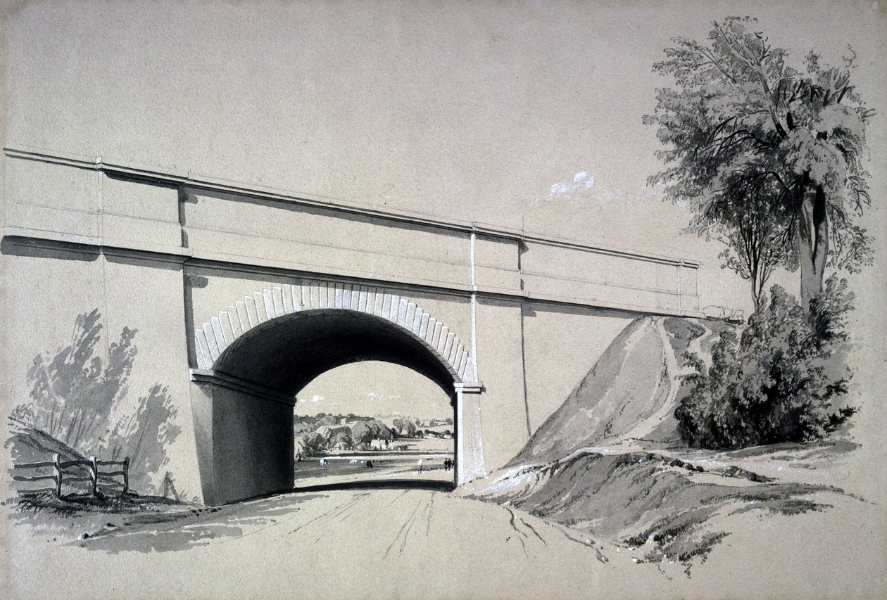 Oblique Bridge, Boxmoor, Hertfordshire, 12 czerwca 1837 (pióro i atrament oraz pranie na papierze) autorstwa John Cooke Bourne
