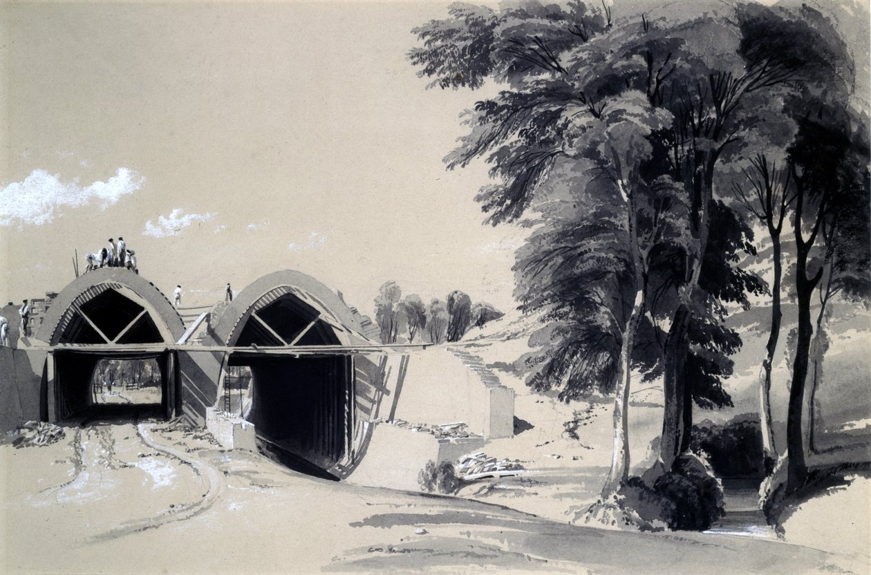 Occupation Bridge, Bugbrooke, Northamptonshire, 9 lipca 1837 (pióro i atrament oraz pranie na papierze) autorstwa John Cooke Bourne