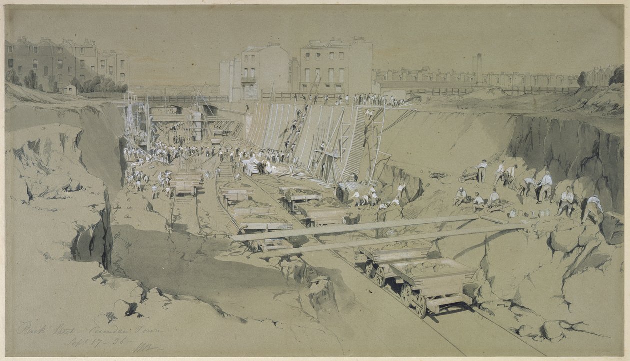 Park Street, Camden Town, 17 września 1836 (pióro i atrament oraz pranie na papierze) autorstwa John Cooke Bourne