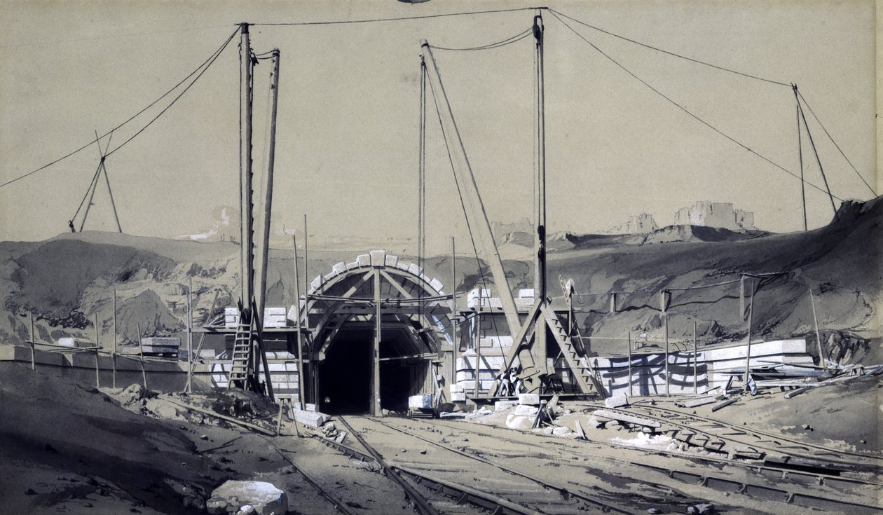 Tunel Primrose Hill, kwiecień 1837 (pióro i atrament oraz pranie na papierze) autorstwa John Cooke Bourne