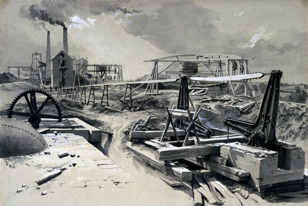 Pompy, szyb wentylacyjny, Kilsby Tunnel, Northamptonshire, 15 lipca 1837 (pióro i atrament oraz pranie na papierze) autorstwa John Cooke Bourne