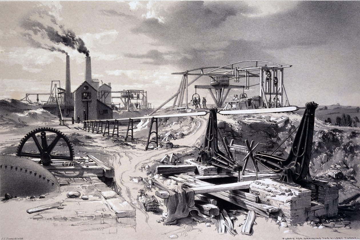 Pompy, szyb wentylacyjny, Kilsby Tunnel, Northamptonshire, 15 lipca 1837 (pióro i atrament oraz pranie na papierze) autorstwa John Cooke Bourne