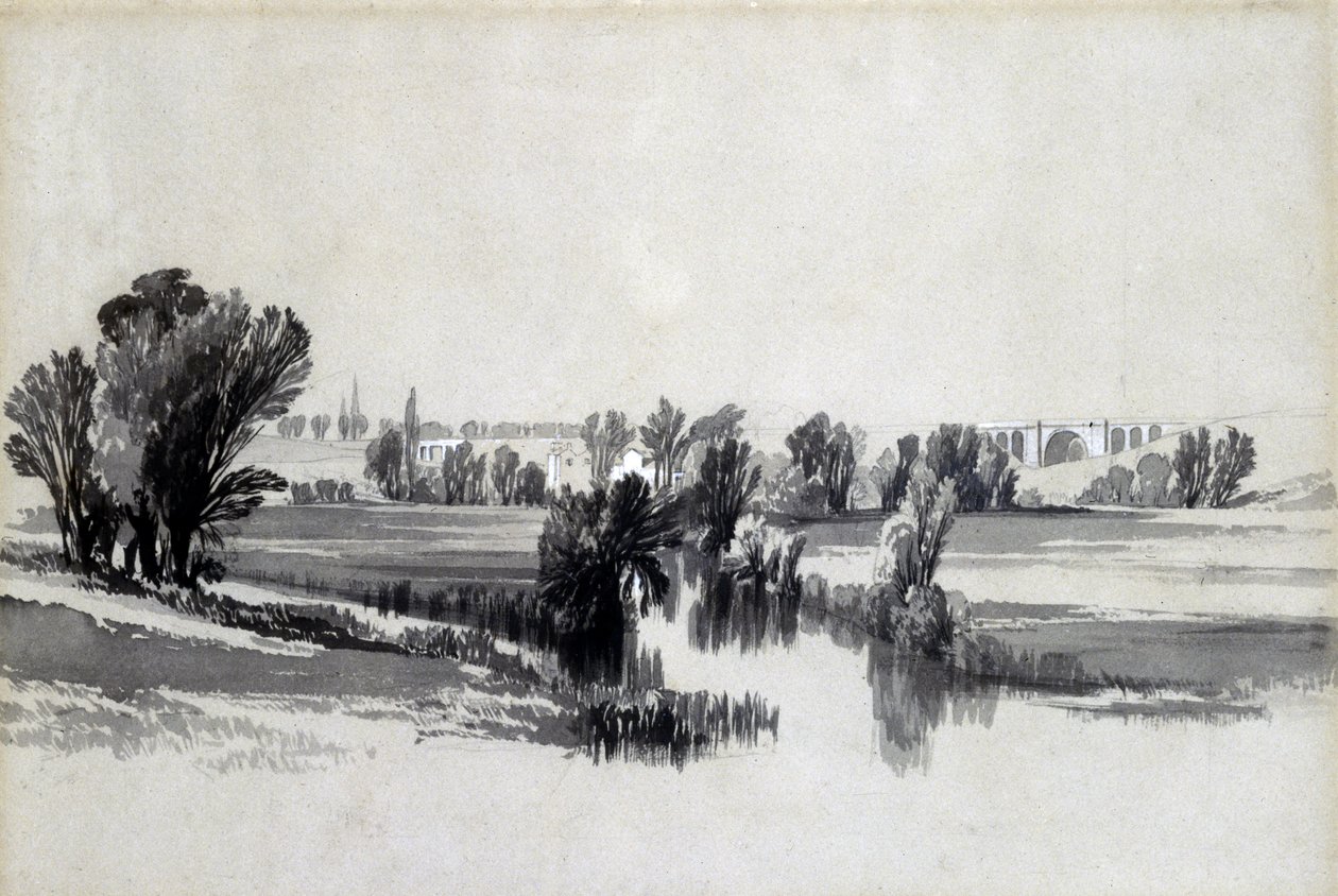 Rzeka Sowe, niedaleko Coventry, maj 1839 (pióro i atrament oraz pranie na papierze) autorstwa John Cooke Bourne