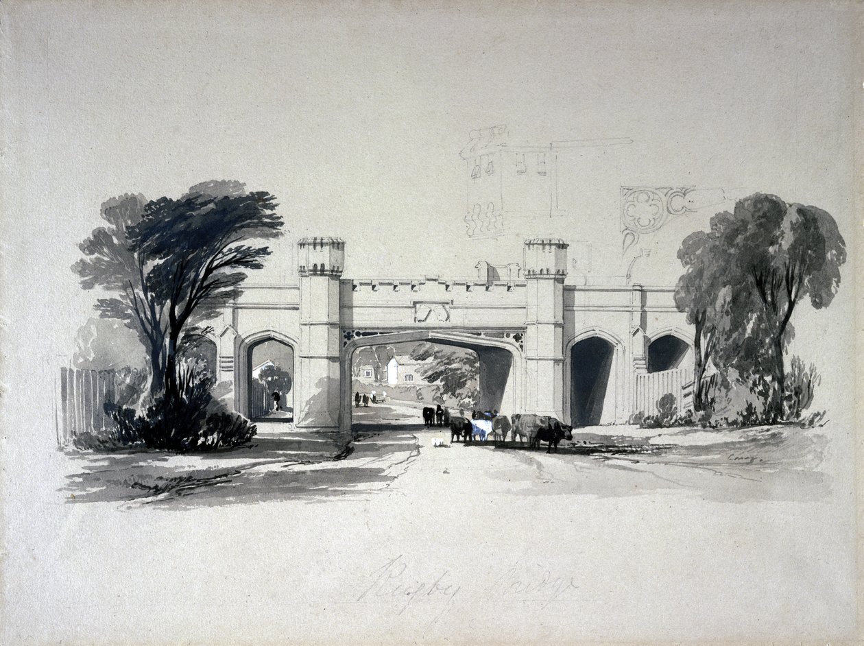 Mosty kolei rugby widziane z drogi, Warwickshire, kwiecień 1839 (pióro i atrament oraz pranie na papierze) autorstwa John Cooke Bourne