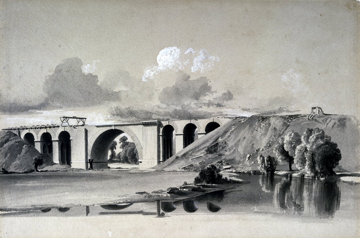 Sherbourne Viaduct, niedaleko Coventry, 27 lipca 1837 (pióro i atrament oraz pranie na papierze) autorstwa John Cooke Bourne