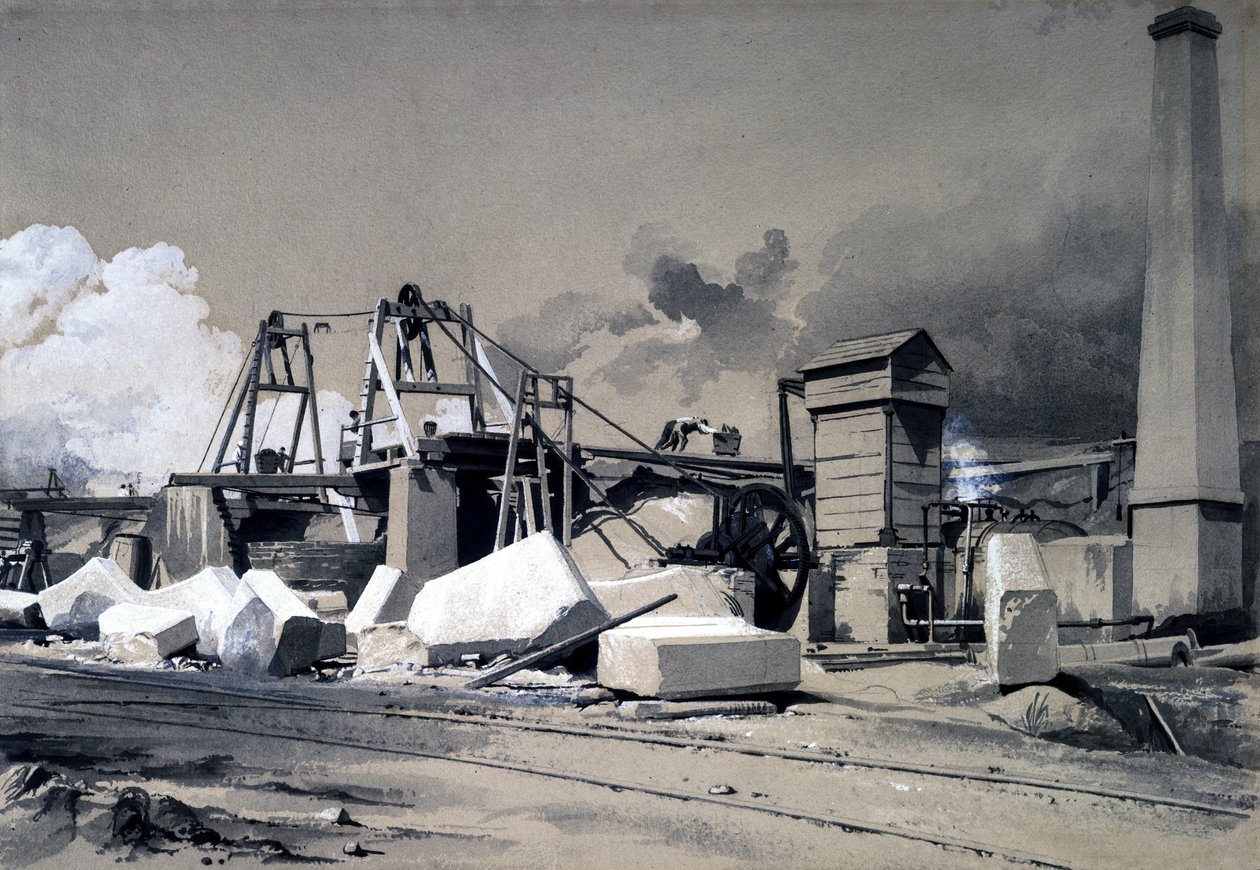 Wał wentylacyjny i silnik wyciągowy, tunel Kilsby, 18 lipca 1837 r. (długopis, wkład i pranie na papierze) autorstwa John Cooke Bourne