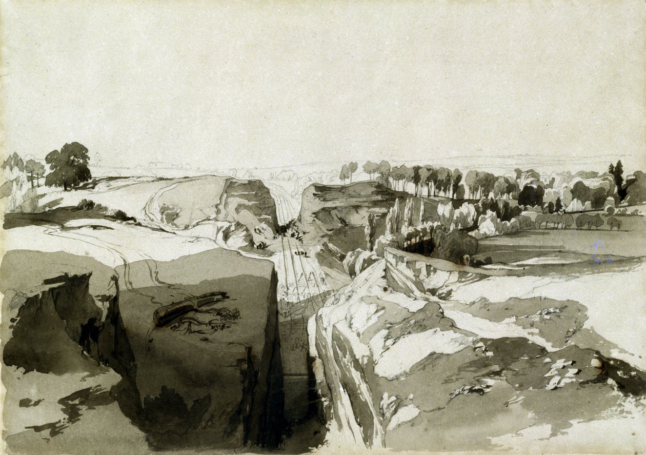 Widok ze szczytu tunelu, Linslade, Buckinghamshire, 12.10.1837 (pióro i atrament oraz pranie na papierze) autorstwa John Cooke Bourne