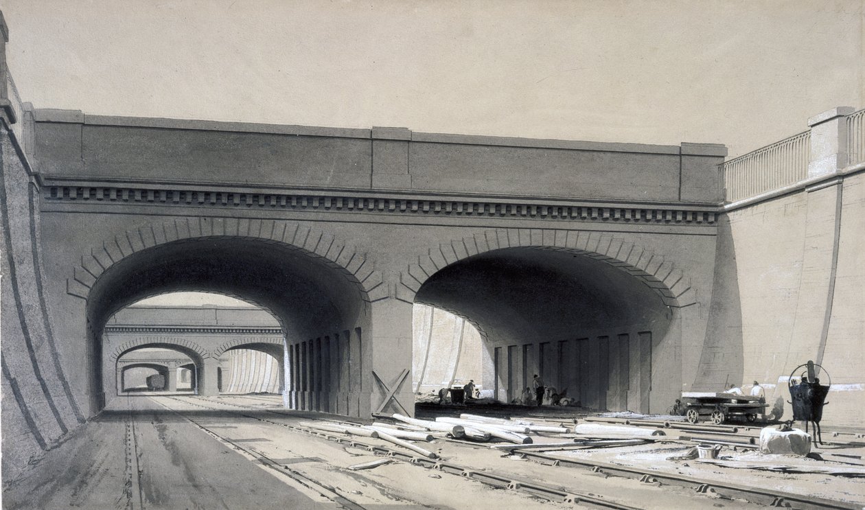 Widok w pobliżu stacji Euston z trzema wiaduktami, wrzesień 1837 (pióro i atrament oraz pranie na papierze) autorstwa John Cooke Bourne