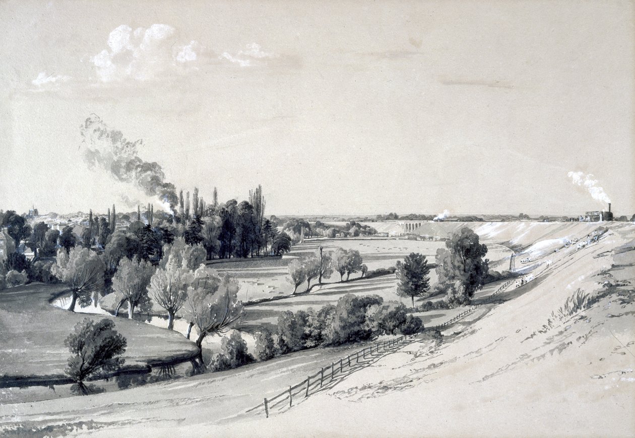 Watford Embankment, Hertfordshire, 29 października 1837 (pióro i atrament oraz pranie na papierze) autorstwa John Cooke Bourne