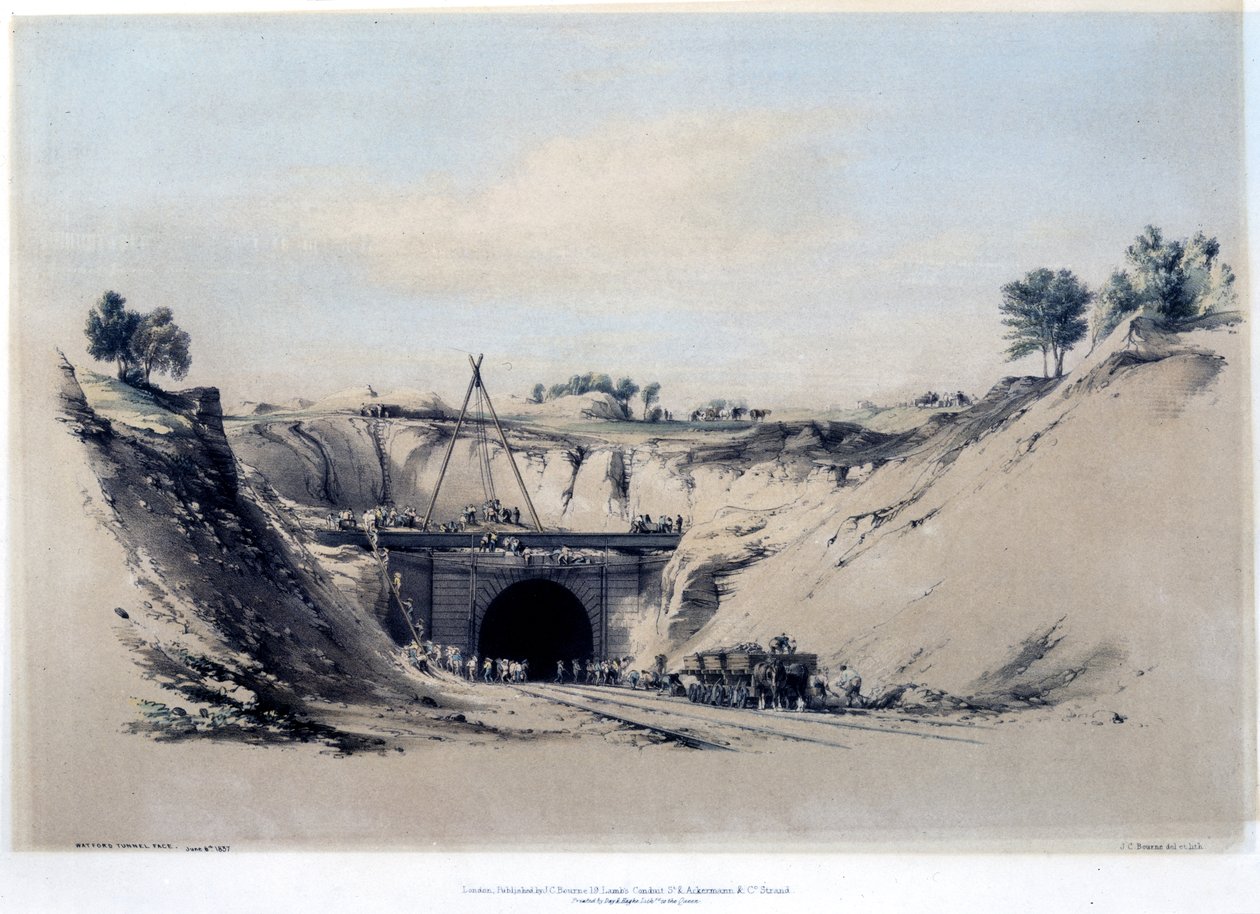 Tunel Watford, Hertfordshire, 6 czerwca 1837 (kolor lity) autorstwa John Cooke Bourne