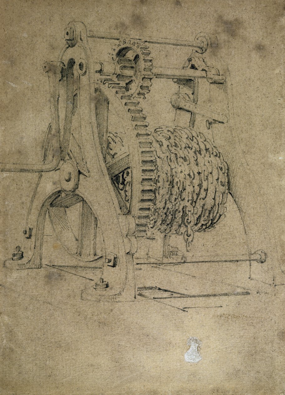Mechanizm wciągarki lub kraba do nawijania łańcuchów, lata 30. XIX wieku (pióro i atrament oraz pranie na papierze) autorstwa John Cooke Bourne