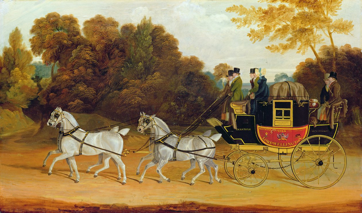 "The Wellington Coach" (The Newcastle-York-London Mail), ok. 1818 (olej na panelu) autorstwa John Cordrey