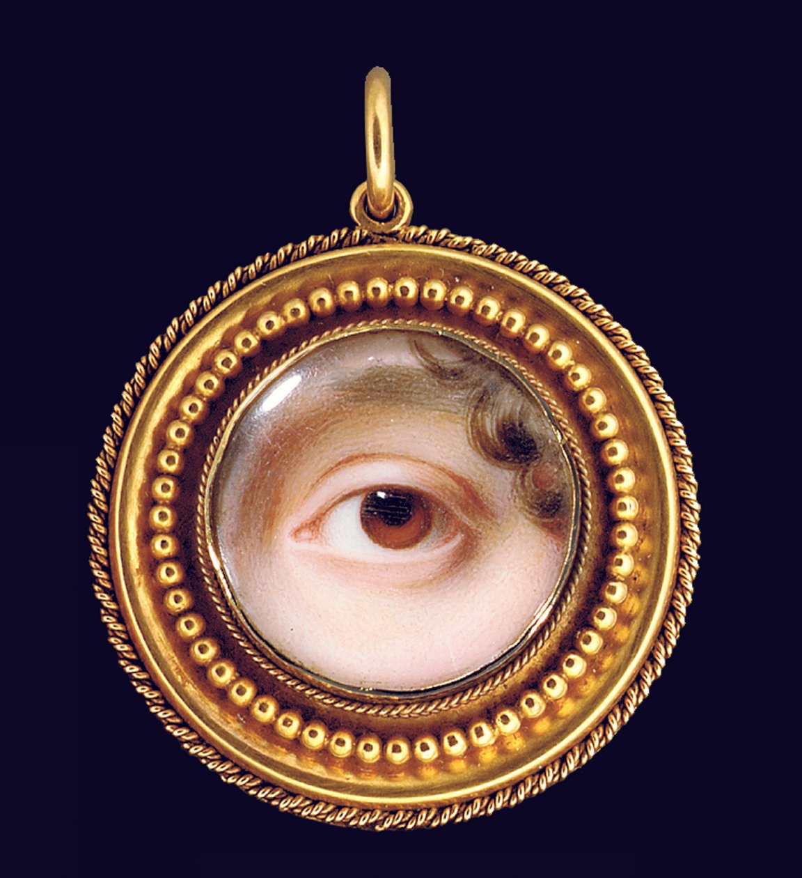 Lewe oko siostry artysty, Mary Cox Dillman Engleheart, później pani John Pyne, brązowa tęczówka z podkręconym kosmykiem brązowych włosów autorstwa John Cox Dillman Engleheart