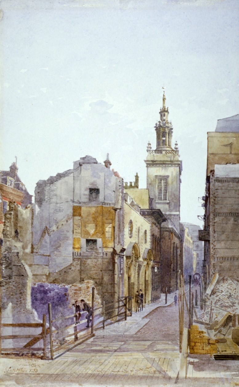 College Hill i kościół St Michael Paternoster Royal, City of London, 1883 autorstwa John Crowther
