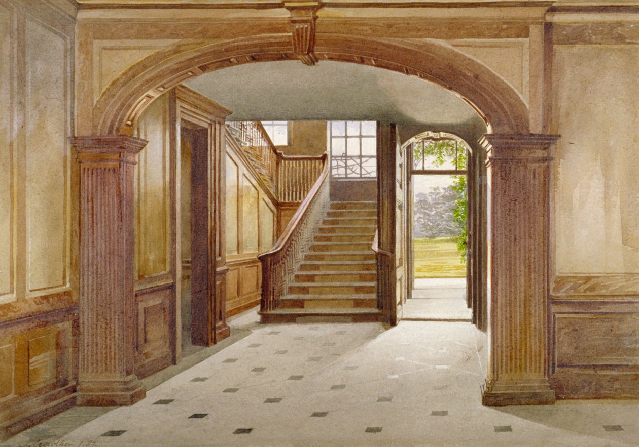 Widok wnętrza przedstawiający klatkę schodową w Fairfax House, High Street, Putney, Londyn, 1887 autorstwa John Crowther