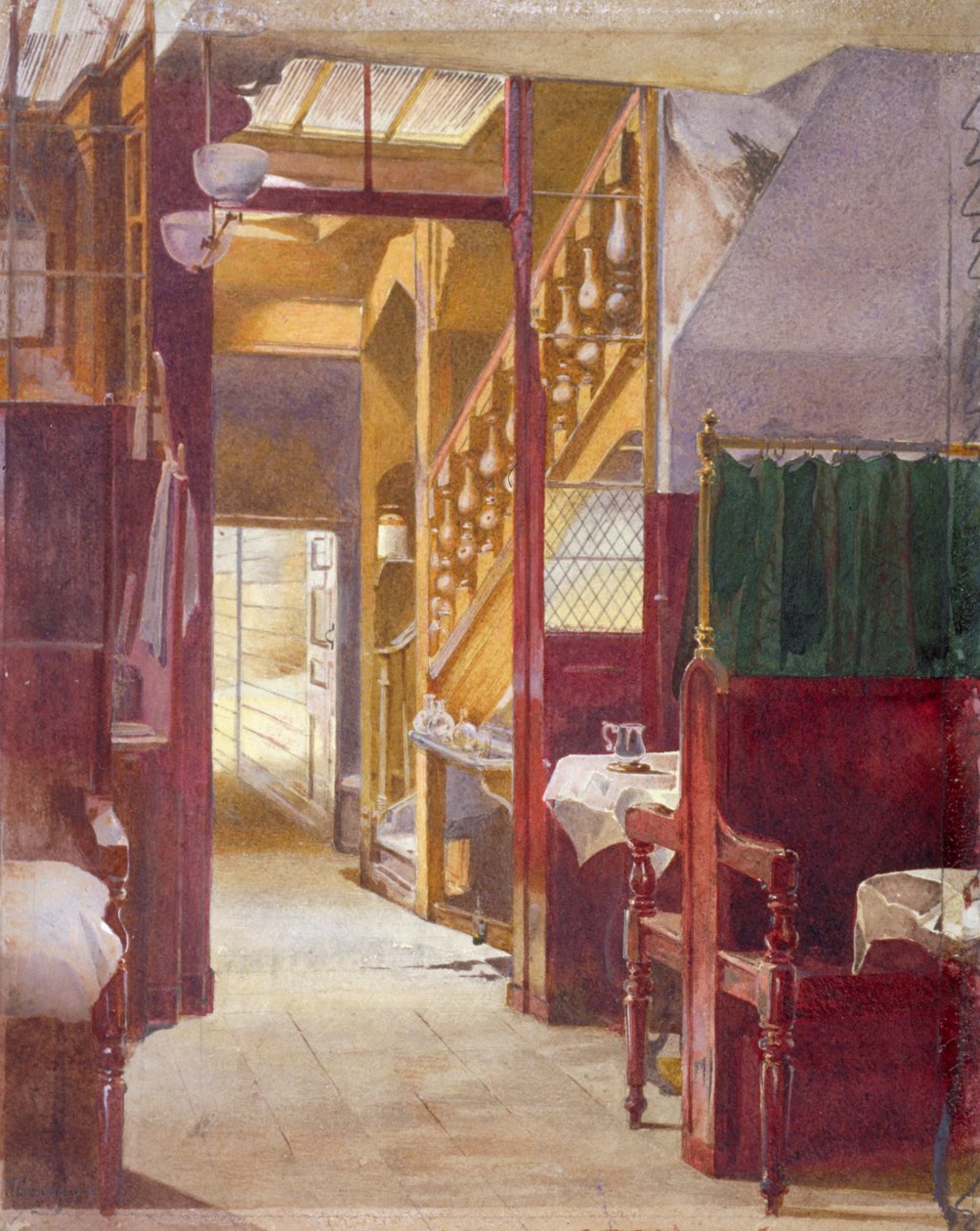 Widok wnętrza przedstawiający schody w Cock Tavern, Fleet Street, City of London, 1881 autorstwa John Crowther