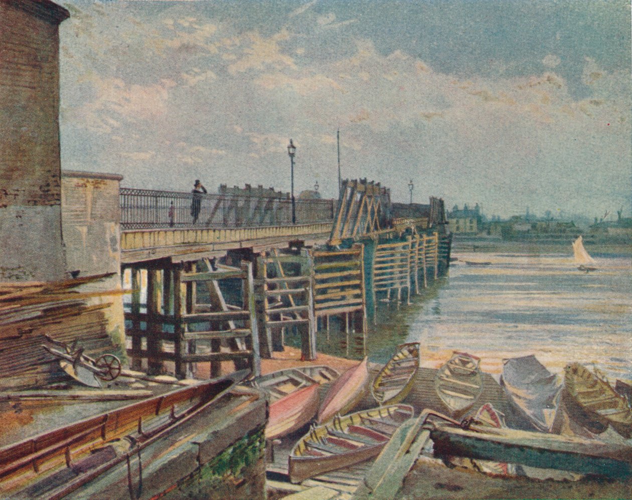 Stary Battersea Bridge, z północnego brzegu, patrząc przez Tamizę, Londyn, 1885 1926 autorstwa John Crowther