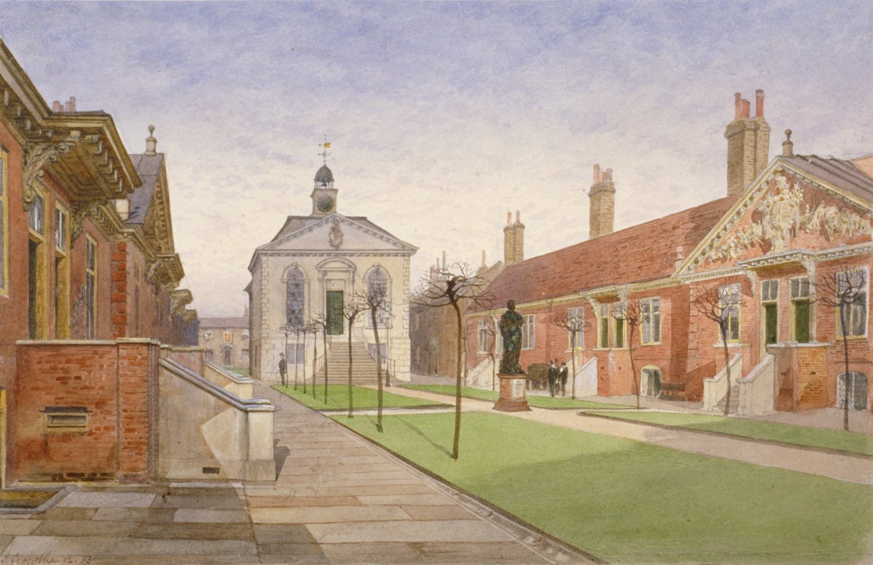 Trinity Almshouses i Trinity Chapel, Mile End Road, Stepney, Londyn, 1883 autorstwa John Crowther