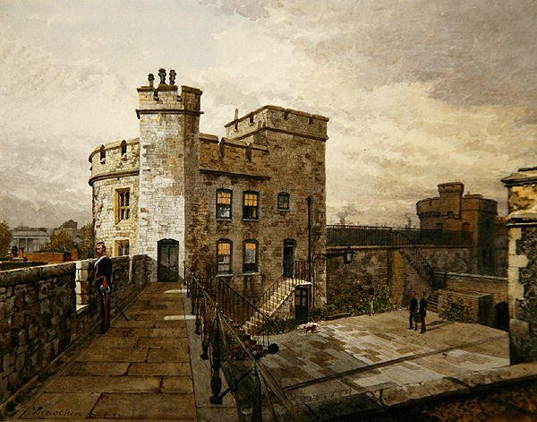 Vista da Devereux Tower, Torre de Londres, com figuras em polimento militar autorstwa John Crowther