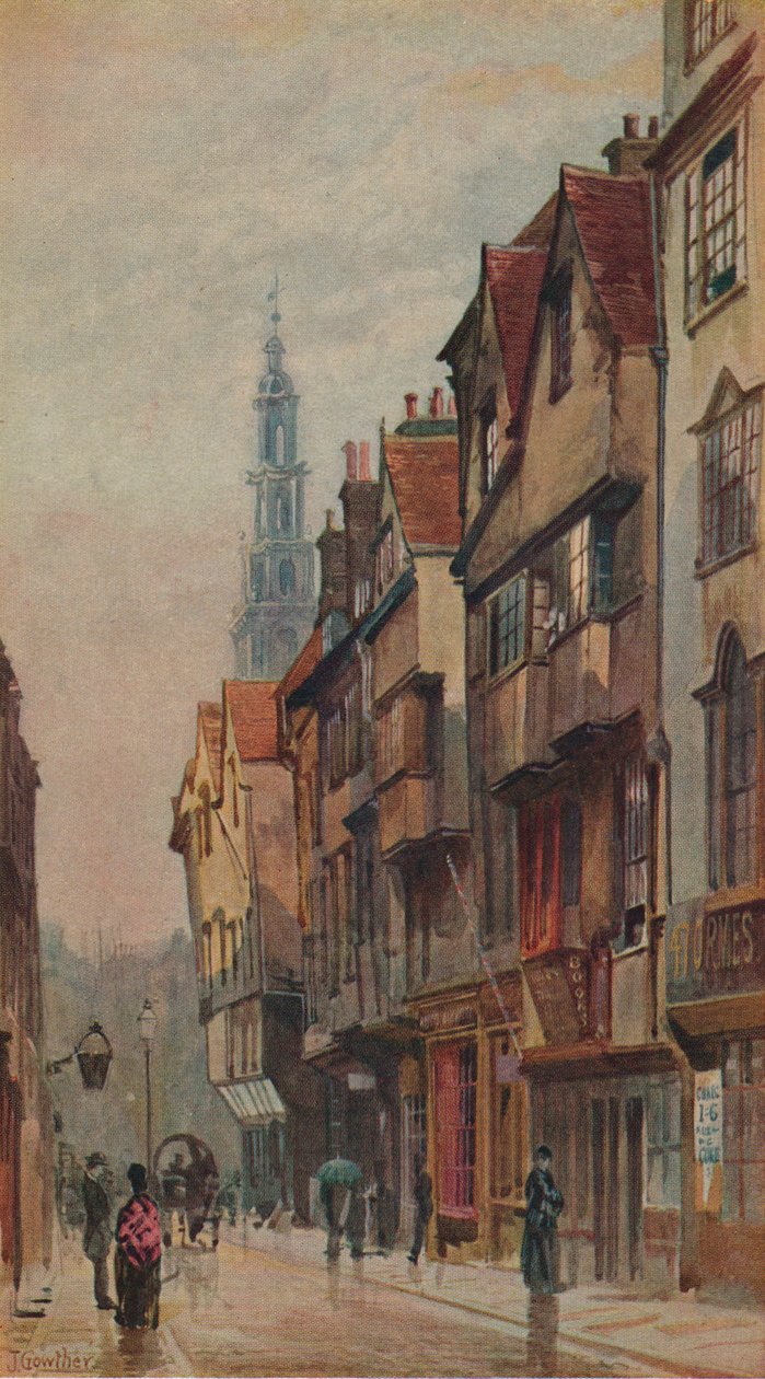 Widok na ulicę Wych Street, Westminster, patrząc na wschód od bramy New Inn, Londyn, ok. 1880 r. autorstwa John Crowther