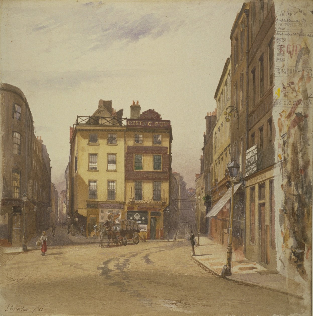 Widok na ulice Wych Street i Holywell Street, Westminster z tawerną Rising Sun, 1881 (wc na papierze) autorstwa John Crowther
