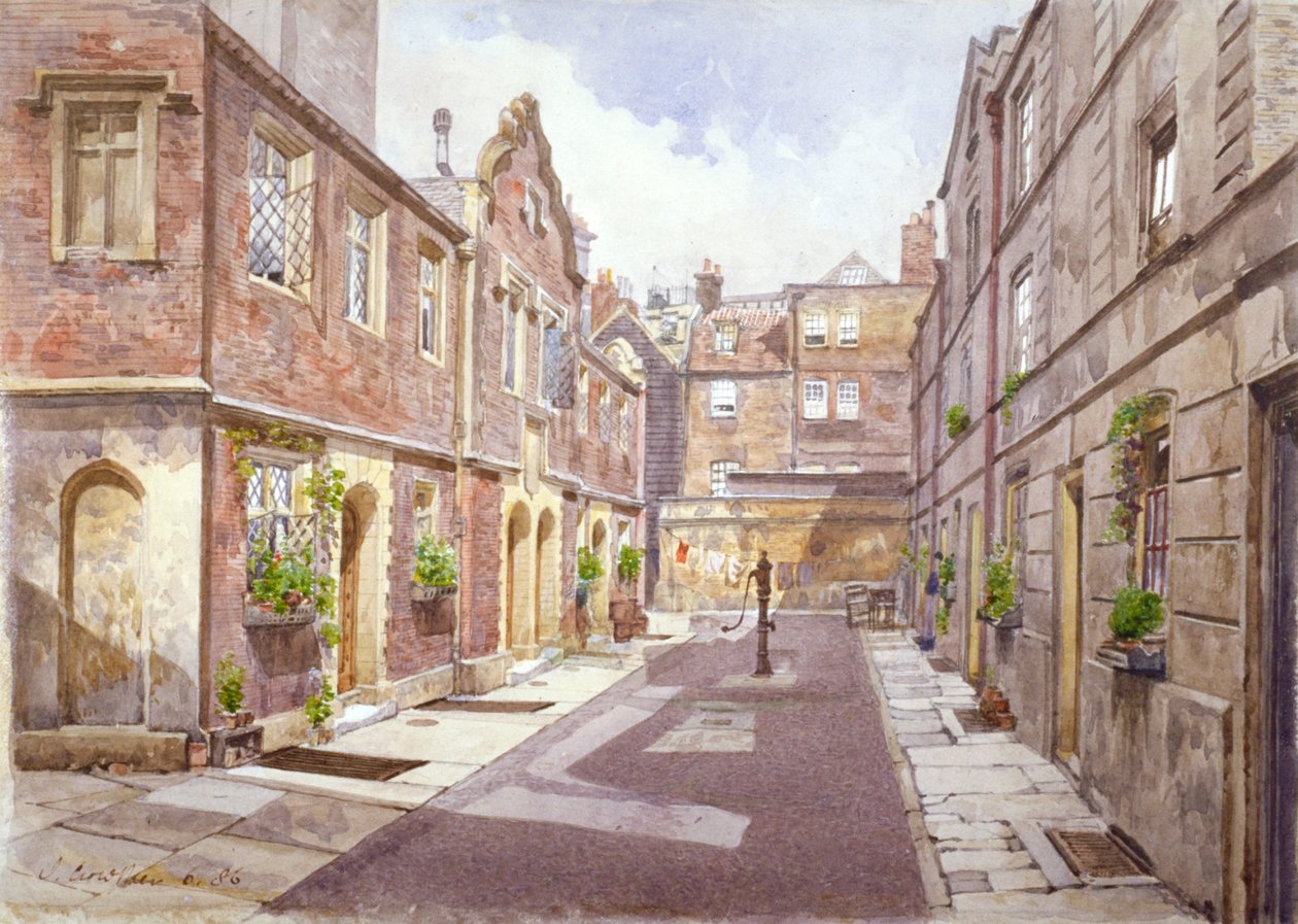 Widok przytułków w Cock Court, Jewry Street, City of London, 1886. autorstwa John Crowther