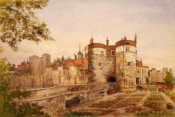 Widok na Tower of London, ukazujący Wieżę Byward, Wieżę Beauchamp, Wieżę Devereux i Wieżę Św. autorstwa John Crowther