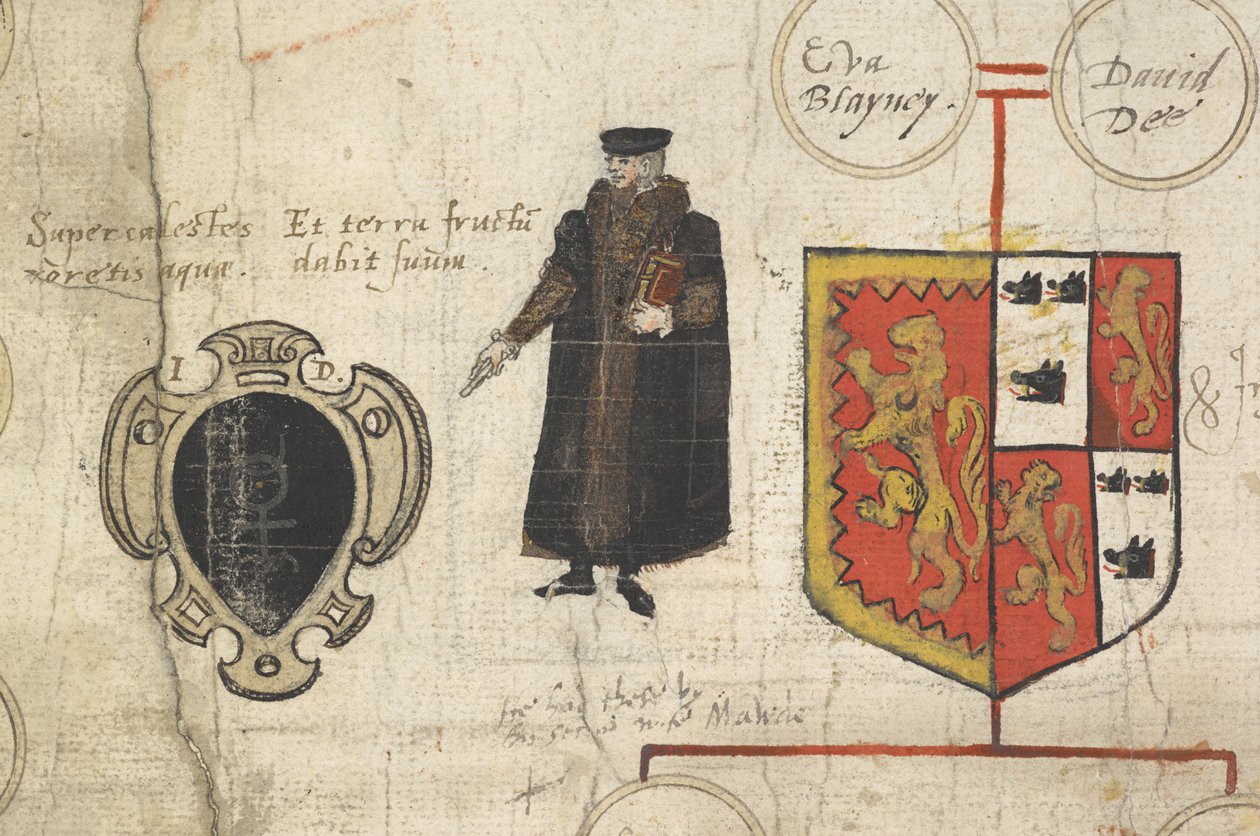 Fragment genealogicznego pochodzenia Johna Dee… ukazujący jego pokrewieństwo z władcami rodu Tudorów autorstwa John Dee