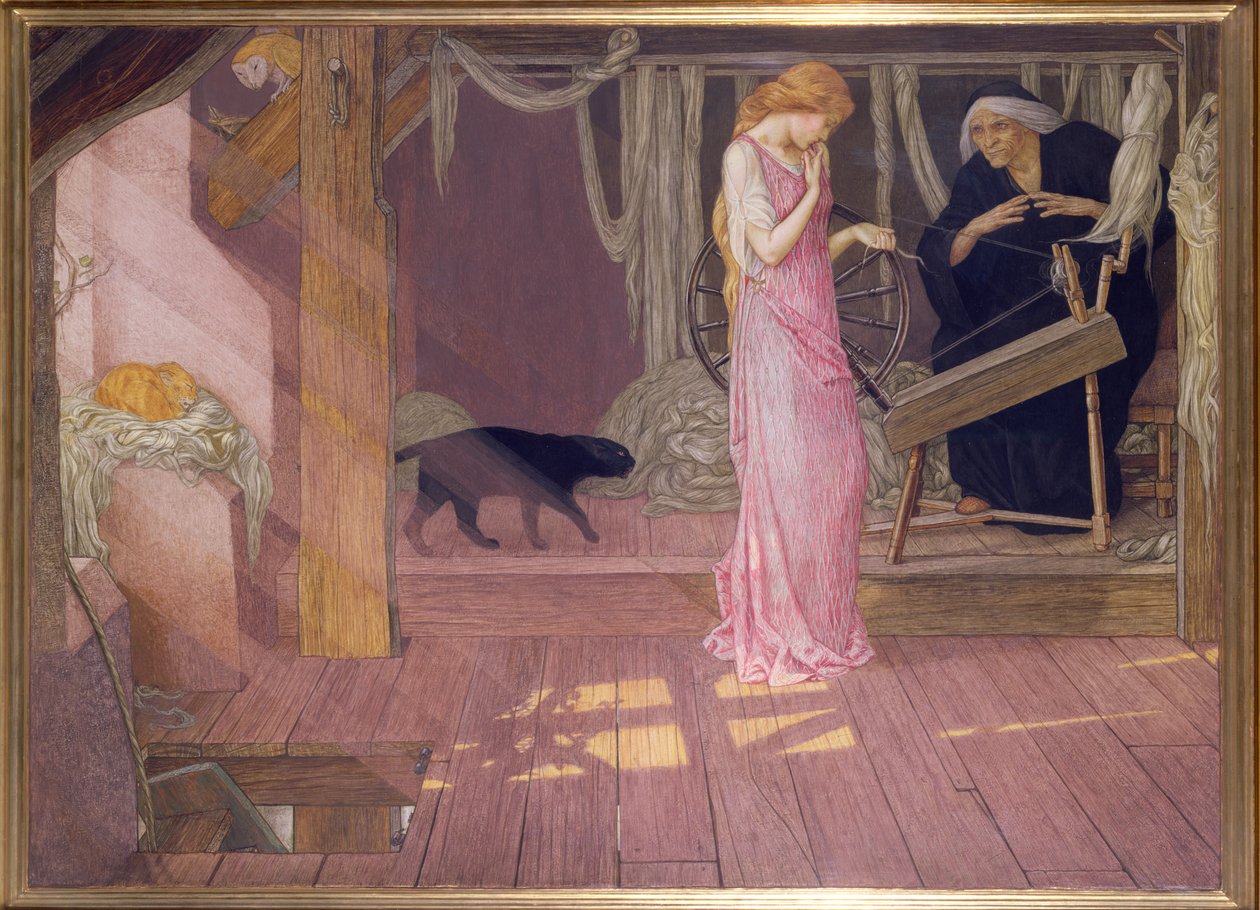 Śpiąca królewna: Księżniczka kłuje palec (tempera) autorstwa John Dickson Batten
