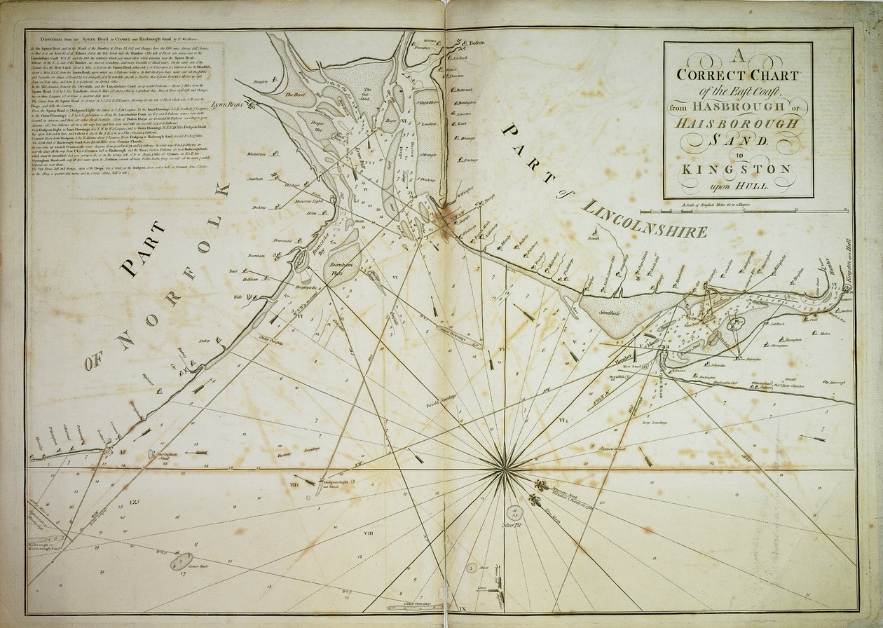 Prawidłowa mapa wschodniego wybrzeża, od Hasbrough lub Haisbrough Sand do Kingston upon Hull autorstwa John Diston