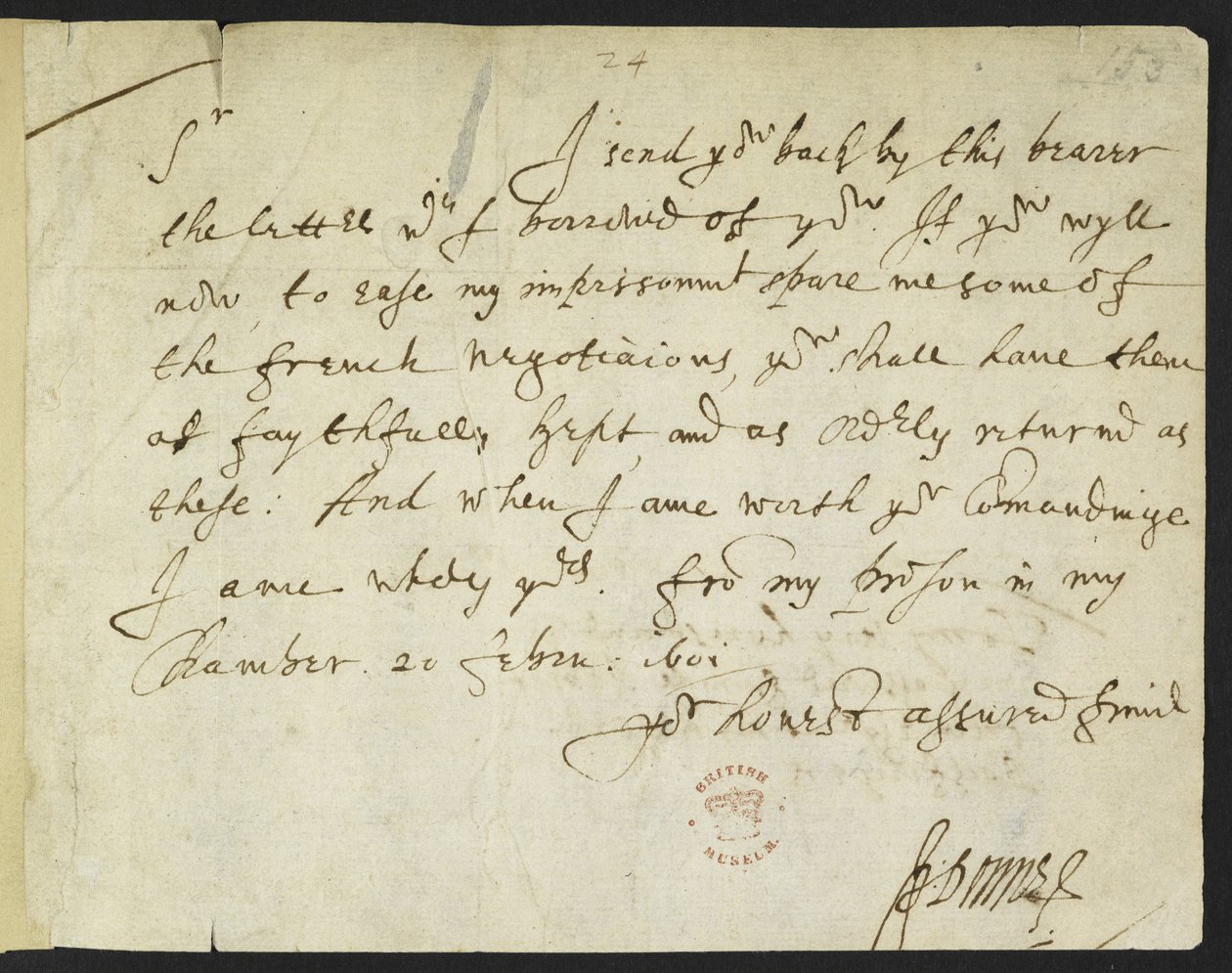 Cotton Julius C. III, f.153 Autograf list Johna Donne do Sir Roberta Cottona, pisany z więzienia, 20 lutego 1601 (tusz na papierze) autorstwa John Donne