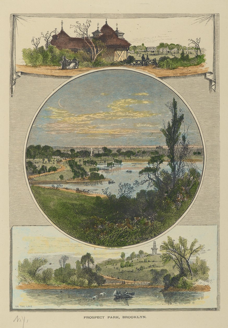 Prospect Park, Brooklyn (ręcznie barwiony grawerunek) autorstwa John Douglas Woodward