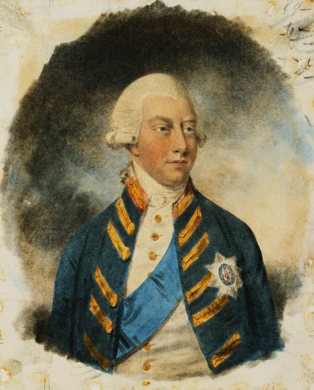 Portret króla Jerzego III, mały do połowy długości, ubrany w mundur Windsor, wstążkę i gwiazdę podwiązki, 1787 autorstwa John Dowman