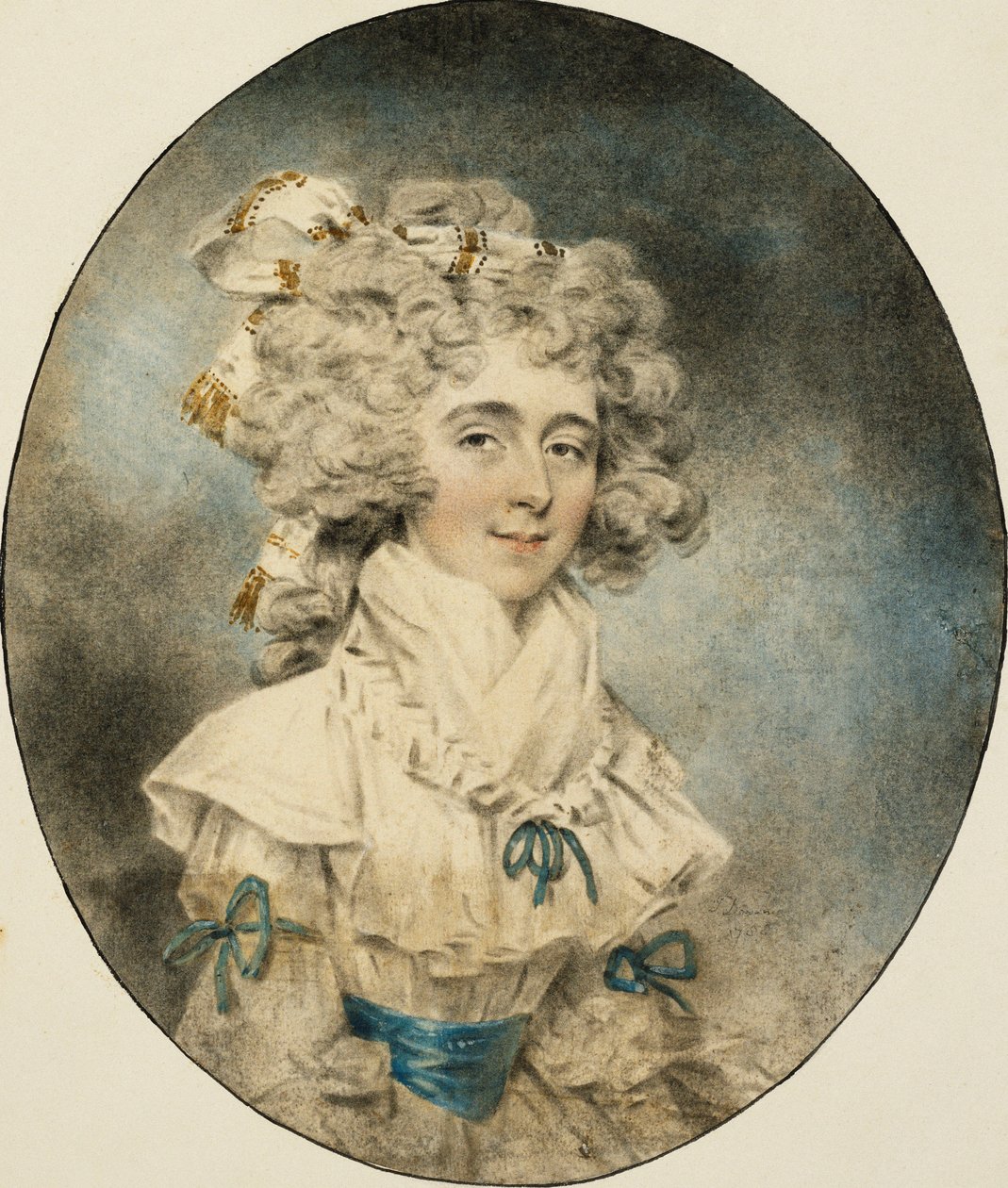 Portret pani Fisher, połowa długości, w białej sukni ozdobionej niebieskimi wstążkami, 1788 autorstwa John Dowman