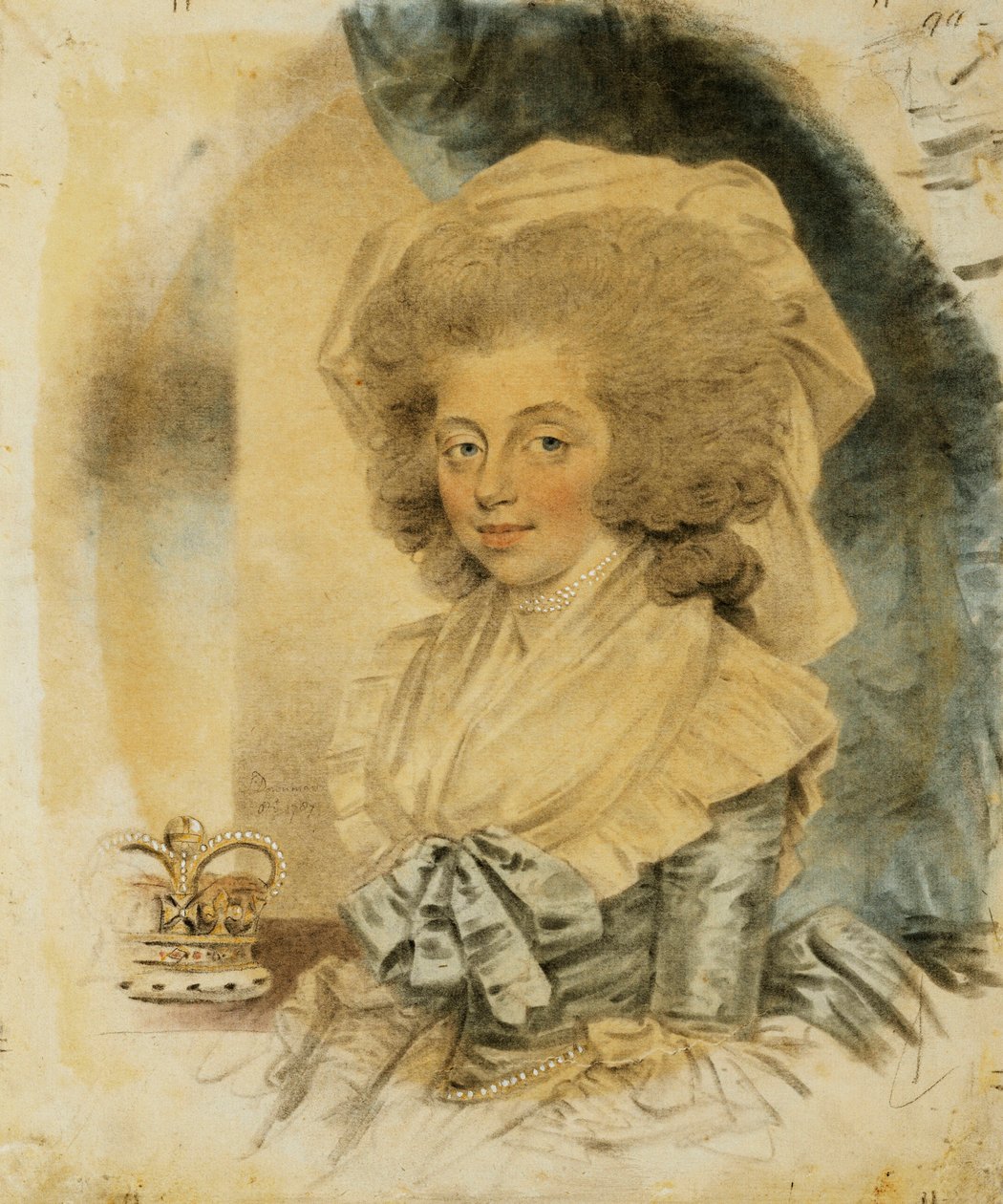 Portret królowej Charlotte, mały do połowy długości w niebiesko-białej sukni, jej korona obok niej, 1787 autorstwa John Dowman